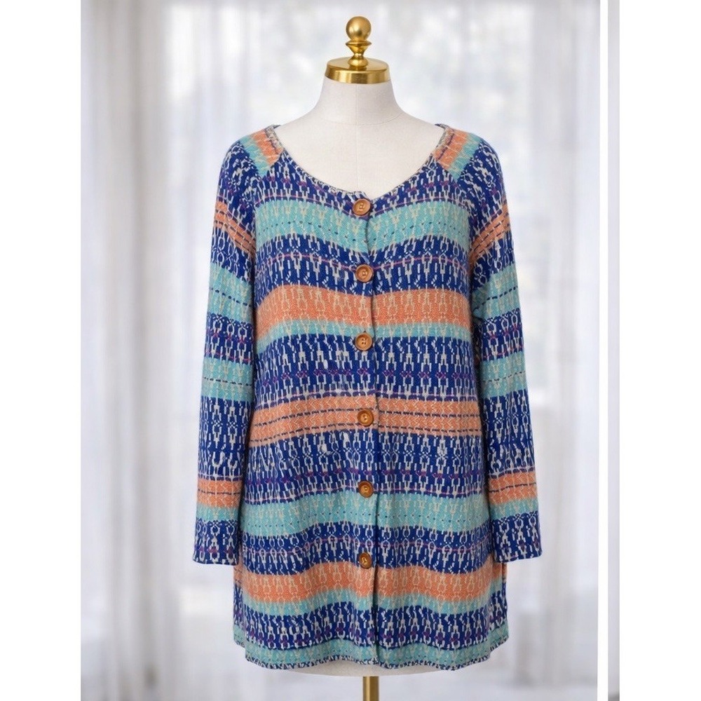 Sundance Long Line Duster Cardigan Sweater Button Front Knit Striped Blue PM